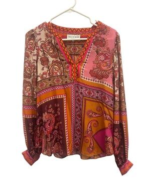 Hale Bob Pink and Mustard Paisley Patchwork V-Neck Blouse